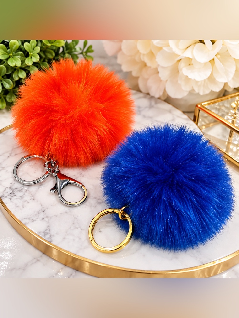 🧡💙 Faux Fur Pom-Pom Keychain Set – Orange & Royal Blue